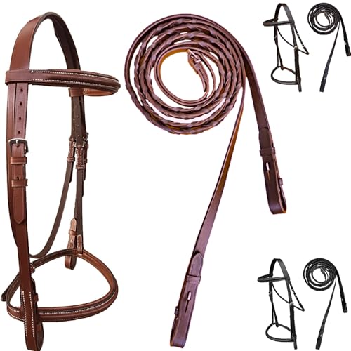 Majestic Ally Padded Raised English Bridle, Premium Leather, Matching Laced Reins - color: Chestnut, size: Cob