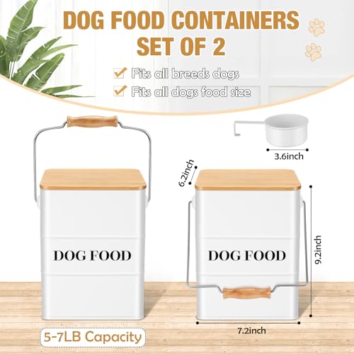 Tioncy 2 Pcs Metal Dog Food Storage Containers Total 10-14 Lbs (50 Cup) Capacity, Airtight Pet Food Canister with Bamboo Lids Scoop DIY Labels Dog Treat Storage Jars for Kitchen Counter(White) - color: White