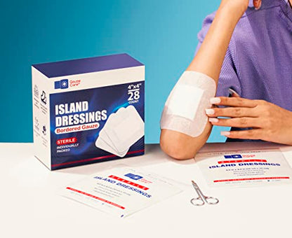 GauzeCare Island Dressing 4x4 inch 28 Pcs| Individually Packed Sterile Pouches| 2x2 Non-Stick Pad in Center with Acrylic Adhesive Borders| Water-Resistant Adhesive Pads for Wound Care and Dressing - size: 4x4 Inch - 28 Dressings