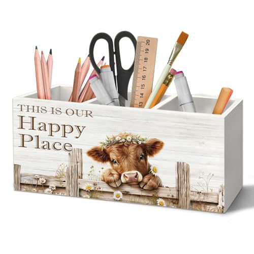 Highland Cow Pen Holder Organizer for Desk Accessories, This Is Our Happy Place Rustic Farmhouse Wooden Box Sign Desk Decorations for Home Bedroom Office Decor, Highland Cow Gifts - color: Cow-3, size: 2.5"D x 7.8"W x 3.5"H