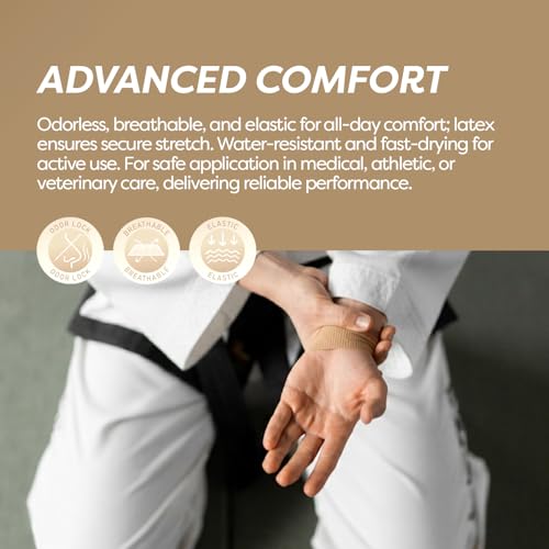 Dynarex Sensi-Wrap Self-Adhesive Bandages, 24-Pack, 3" x 5 Yards, Tan, Latex, Colored Elastic Cohesive Athletic Tape, Tattoo Grip & Vet Wrap