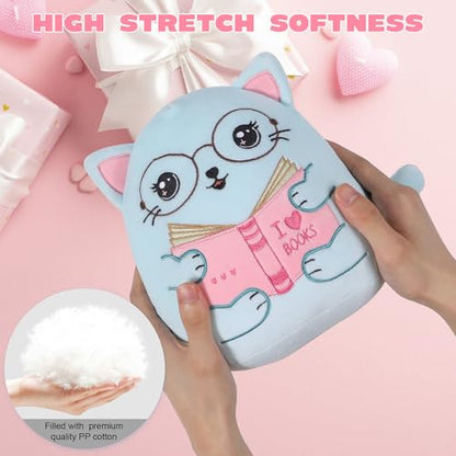 Cute Cat Stuffed Animal: 8 Inch Blue Cat Book Lover Gifts Soft Reading Buddies Plush Toy, Plushie Pillow Gifts for Kids Girls Boys, Bookworm Classroom Decor - style: Book Lover Cat