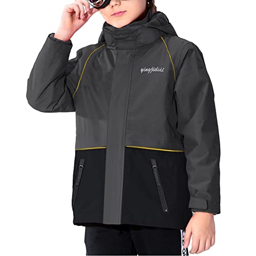 YINGJIELIDE Boy's Waterproof Outwear Snow Jacket,Hooded Fleece Lined Warm Winter Caot,Windproof Rain Jacket - color: Grey, size: 11-12 Years