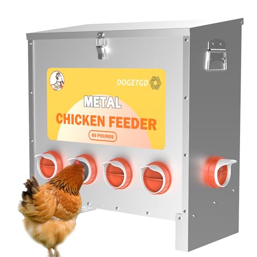 Automatic Chicken Feeder No Waste Metal Poultry Feeder Large Capacity 85lbs for Chickens, Geese, Ducks, Turkeys, Quails (10-Port) - size: 10-Port