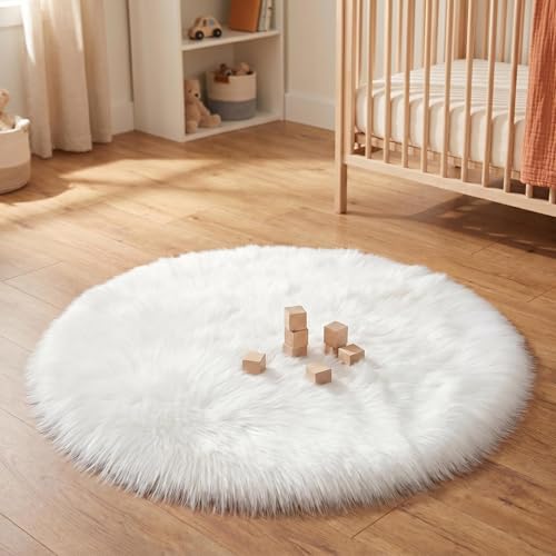 duduta White Faux Fur Sheepskin Round Rug 4x4 ft, Fluffy Shag Circle Rug - color: White, size: 4' x 4'