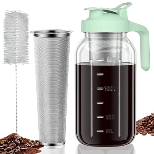 JunVpic Cold Brew Coffee Maker, 64 oz Glass Mason Jar Pitcher | 100μm stainless steel filter, wide mouth design, leak-proof lid with handle, pour spout for iced coffee, tea and cold drinks - color: Green, size: 64 Ounces