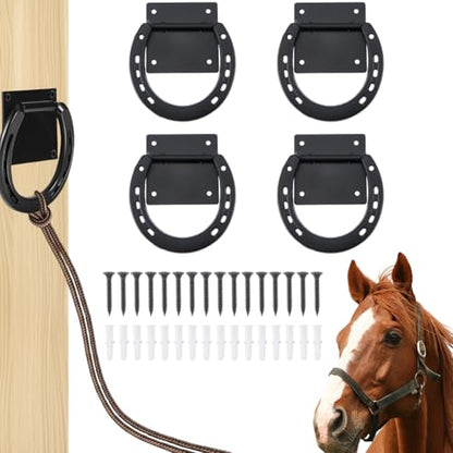 SUPERFINDINGS 4Pc Horse Tie Ring Iron Horse Tack and Supplies Black Tack Barn Stable Supplies for Horse Horseshoe Cross Ties Down with Expansion Bolts for Stall Trailer Barn