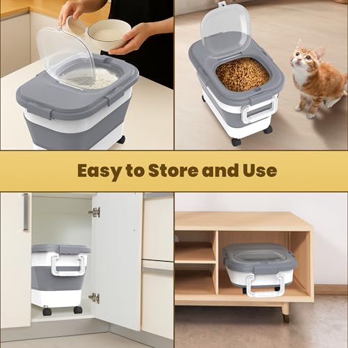 HOYTAMDAR 20-30Lbs Collapsible Rice Container,Food Storage container | Rice Storage Container with Airtight Lid,Rolling Wheels,Small Bin & Measuring Scoop,Rice Dispenser for Pet Food Rice Flour - color: Grey/20-30lbs