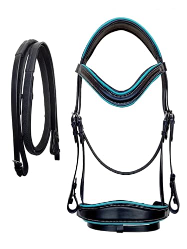 CHALLENGER Horse Cob English All-Purpose Trail Black Leather Turquoise Bridle Reins 803AX10TR - size: Cob