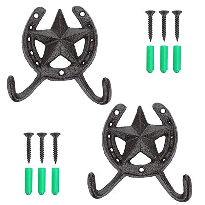 JUXYES Heavy Duty Cast Iron Western Horseshoe Star Hat Hook with 2 Hanger - size: 2 Pack