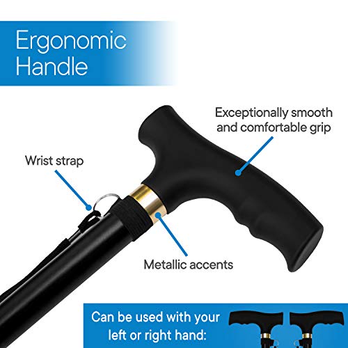 RMS Folding Cane, Adjustable, Lightweight Offset Walking Cane | Aluminum Collapsible Walking Stick with Ergonomic Derby Handle, cane folds for travel and storage - color: Black