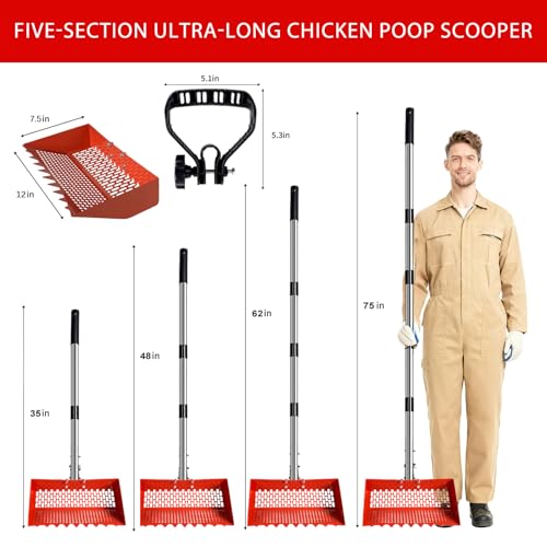 Chicken Coop Scoop (22 to 75") Chicken Coop Rake and Scoop with Grip 5 Section Extra Long Handle Chicken Pooper Scooper for Sand Metal Chicken Cleaning Tools Livestock Rake (Orange) - color: Orange