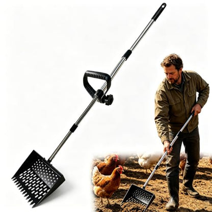 2-in-1 Chicken Poop Scooper & Rake, Telescopic Stainless Steel Handle, Multifunctional Chicken Coop Cleaner for Sand, Bedding and Manure Cleaning