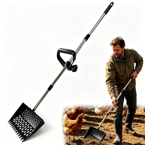 2-in-1 Chicken Poop Scooper & Rake, Telescopic Stainless Steel Handle, Multifunctional Chicken Coop Cleaner for Sand, Bedding and Manure Cleaning