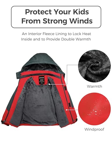 Wantdo Boy's Waterproof Ski Jacket Fleece Snowboarding Jackets Warm Thick Winter Coat Hooded Raincoats - color: Red, size: 6-7