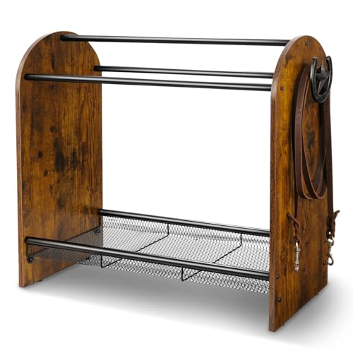 Saddle Rack Stand, Freestanding Horse Saddle Holder with Mesh Shelf, Hooks