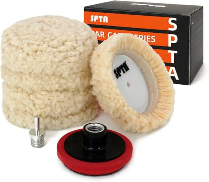 SPTA Wool Polishing Pad, 5Pcs 3"(75mm) 100% Natural Wool Buffing Pad with 1Pc Hook&Loop Backing Pad, 1Pc Extension Shank for Drill Polisher Cutting, Car Body Repair Buffing