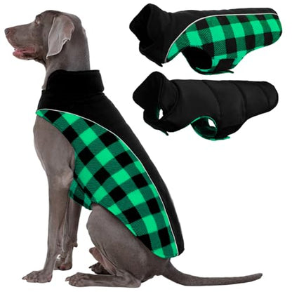 Kuoser Dog Winter Coat, Reversible Waterproof Dog Jacket with Leash Hole, Warm Dogs Fleece Vest Adjustable Doggy Cold Weather Clothes Plaid Christmas Outfit Pet Apparel for Extra Large Dogs, Green 3XL - color: Green, size: XXX-Large (Chest Girth: 35.4-43.