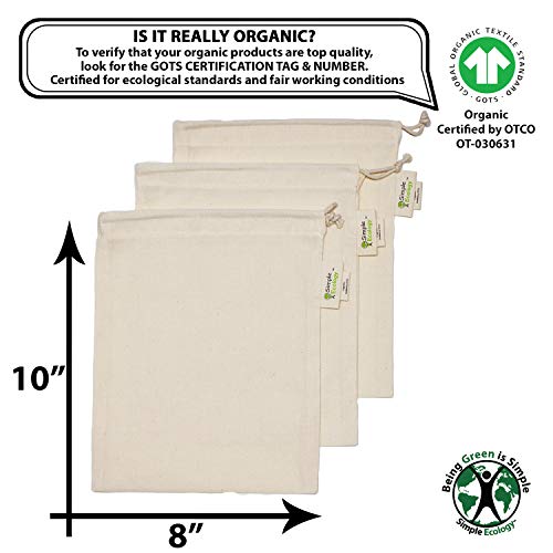 Simple Ecology Reusable Grocery Produce Shopping and Storage Bags, Organic Cotton Muslin, Small 3 pack - size: Small (8"x10") - 3 Pack