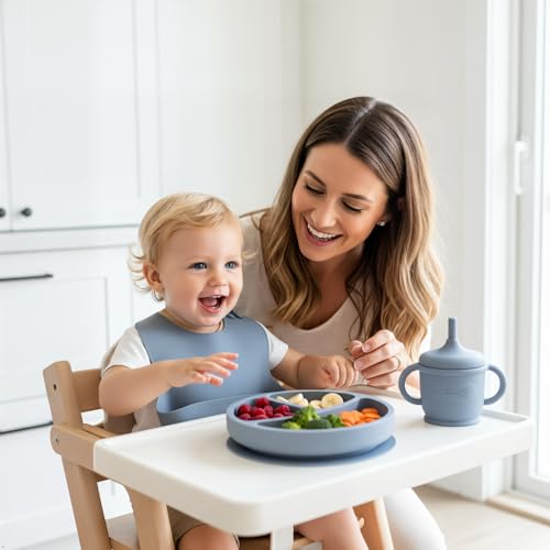Silicone Baby Feeding Set, Suction Plates Bowls Bibs for Self Feeding –Gray | Baby Plates, Silicone Feeding Set, BPA-Free Toddler Bowls, Baby Spoons Forks, Empower Independence, Easy Clean - color: Gray