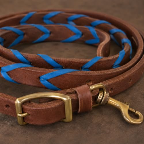 CHALLENGER 8' Horse Western Leather Latigo Laced Barrel Contest Reins 66RT10 - color: Tan Royal Blue
