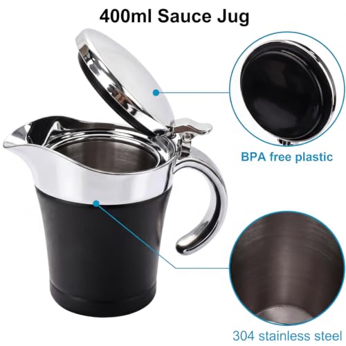 Double Insulated Gravy Boat - Stainless Steel Sauce Jug with Hinged Lid Hinged Lid Ideal for Gravy or Cream at Thanksgiving (450ML/16 OZ Black) - color: 450ML/16 OZ Black