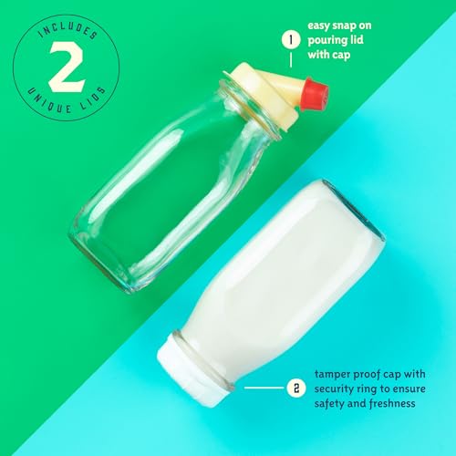 kitchentoolz 12 Oz Square Glass Milk Bottles with Lids (4 Pack) – Reusable Glass Creamer Bottles for Milk, Juice, and More – Includes Tamper-Proof Caps and One Silicone Pour Spout - size: 12 Ounce