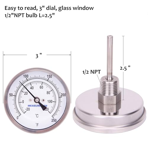 MEASUREMAN Fully Stainless Steel Pot, Kettle, Brewing Bimetal Thermometer, 3" Dial, 2-1/2" Stem, 0-250 deg F/-20-120 deg C, -1% Accuracy, Adjustable, 1/2" NPT Back Mount （2 Pack） - size: 3" Dial, 2-1/2" Stem, 0-250 deg F/-20-120 deg C, style: 2-1/2" Stem