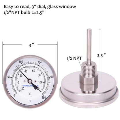 MEASUREMAN Fully Stainless Steel Pot, Kettle, Brewing Bimetal Thermometer, 3" Dial, 2-1/2" Stem, 0-250 deg F/-20-120 deg C, -1% Accuracy, Adjustable, 1/2" NPT Back Mount （2 Pack） - size: 3" Dial, 2-1/2" Stem, 0-250 deg F/-20-120 deg C, style: 2-1/2" Stem
