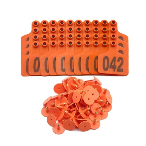 100 Pcs Pig Goat Ear Tag Animal Identification Cards Copper Head Marking Tools for Cattle Sheep Hogs 001-100 Numbers(Orange) - color: Orange