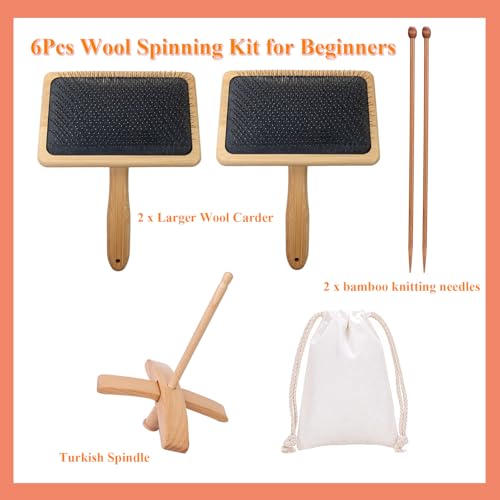 6Pcs Larger Wool Carder with Turkish Spindle Kit, Needle Felting Tools Drop Spindle Kits with Wool Weaving Spinning Wheels for Beginners Gifts