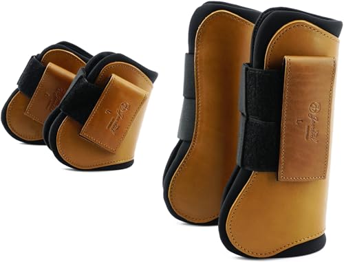 Jeereal Horse Tendon Brushing Boots Open Front & Fetlock Boot | Protective Gear and Training Equipment |Neoprene,Breathable Waterproof Fabric and Genuine Leather | 4 Set - color: Brown, size: Cob (Medium)