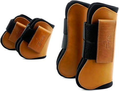 Jeereal Horse Tendon Brushing Boots Open Front & Fetlock Boot | Protective Gear and Training Equipment |Neoprene,Breathable Waterproof Fabric and Genuine Leather | 4 Set - color: Brown, size: Cob (Medium)