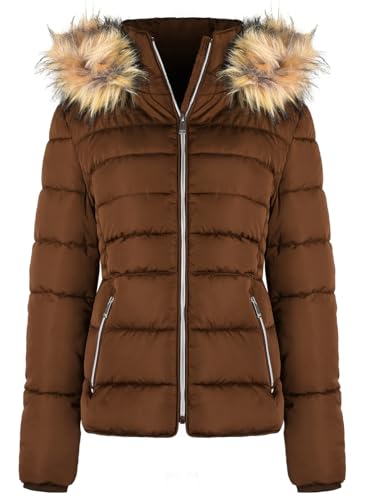 BodiLove Women's Fur Hooded Thickened Jacket with Fleece Lining - color: Light Brown W/ Silver Zipper, size: Medium