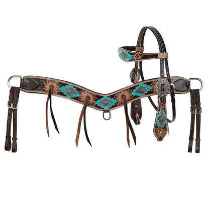 Showman Aztec Bloom Browband Leather Headstall & Breast Collar Set