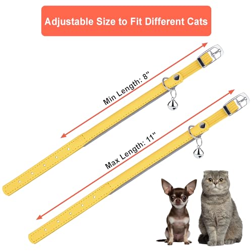 OOPSDOGGY Rolled Leather Cat Collar with Bell, Reflective Kitten Collars with Buckle Include Safety Elastic Strap - Adjustable Small Pet Collars for Boy Girl Cats (Yellow) - color: Yellow