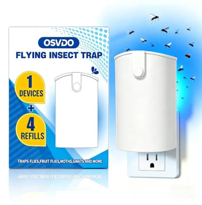 OSVDO Blue UV Light Flying Insect Trap, Plug-in Bug Catcher with 4 Refills | Indoor Fly Trap for 100+ Days, Fly Catcher for Flies, Fruit Flies, Gnats, Moths, Silent for Home, Kitchen - size: 1 Device & 4 Refills