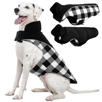 Kuoser Dog Winter Coat, Reversible Waterproof Dog Jacket with Reflective Strip, Warm Dogs Fleece Vest Adjustable Doggy Cold Weather Clothes Plaid Christmas Outfit Pet Apparel for Large Dogs, Black 2XL - color: Black, size: XX-Large (Chest Girth: 29.9-35.4