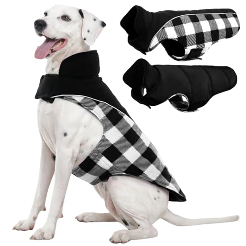 Kuoser Dog Winter Coat, Reversible Waterproof Dog Jacket with Reflective Strip, Warm Dogs Fleece Vest Adjustable Doggy Cold Weather Clothes Plaid Christmas Outfit Pet Apparel for Large Dogs, Black 2XL - color: Black, size: XX-Large (Chest Girth: 29.9-35.4