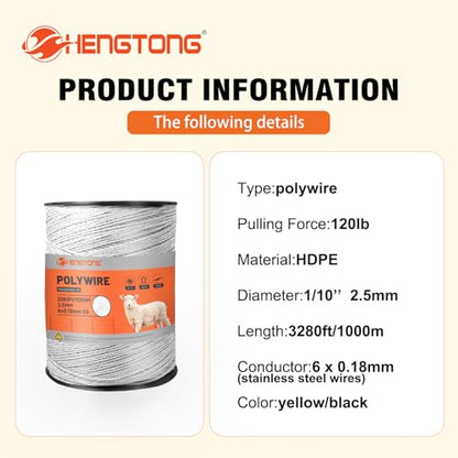 Electric Fence Polywire 656ft 6-Strand Stainless Steel White - color: white, size: 656ft
