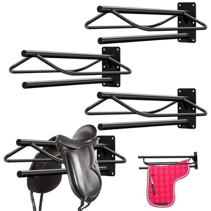 Paterr 4 Pcs Saddle Rack Wall Mount Saddle Stand with Pad Bar Black Saddle Rack Stand Horse Tack Storage for English Western Saddles Horses Blanket Stall Supplies Accessories