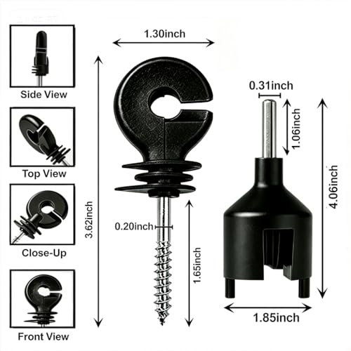Electric Fence Insulator 80 Pcs Screw with 1 Insulator Socket Tool, Black,PP/PE Screw-in Fence Ring Post Insulator for Wood Post, Fits 8-30 Gauge High-Tensile Wire/Polywire/Tape/Rope