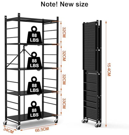 Himix 5-Tier Foldable Storage Shelves with 20 Hooks Wheels Kitchen Black - color: Black, size: 5-Tier