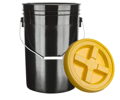 House Naturals Large 6 Gallon Food Grade BPA Free Made in USA Plastic Bucket Pail with Yellow Screw On Double Gasket Air Tight Lid (Pack of 2)