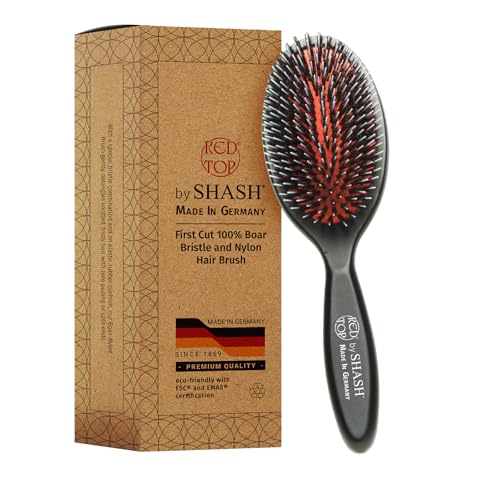 SHASH Since 1869 Hand Made In Germany - Nylon, 100% First Cut Boar Bristle Brush Suitable For Normal to Thick Hair - Gently Detangles, No Pulling or Split Ends - Softens Improves Texture, (Medium) - size: Medium