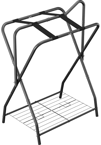 Queension Foldable Saddle Rack with Bottom Storage for Horse Stable, Black - style: Standing-Black