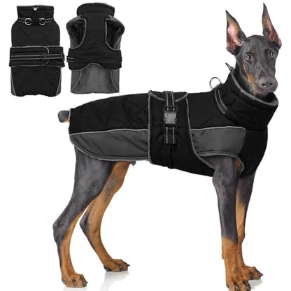 QBLEEV Warm Dog Jacket, Waterproof Dog Winter Coat with Harness - color: Black, size: XX-Large