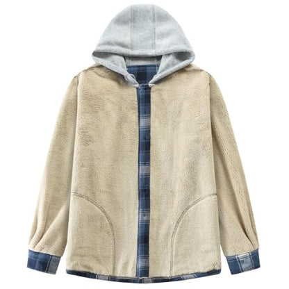 Men's Cotton Plaid Shirt Jacket Fleece Flannel Sherpa Button Down - color: Blue Block, size: Medium