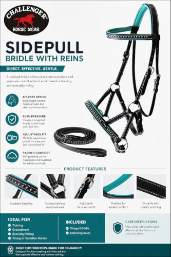 CHALLENGER Horse Western Horse Western English Leather Bitless Sidepull Bridle Reins Turquoise 7708TR-C