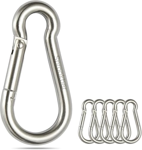 sprookber Stainless Steel Spring Snap Hook Carabiner - 304 Stainless Steel Caribeener Clips, Set of 6 - color: Silver, size: 5.3 Inch